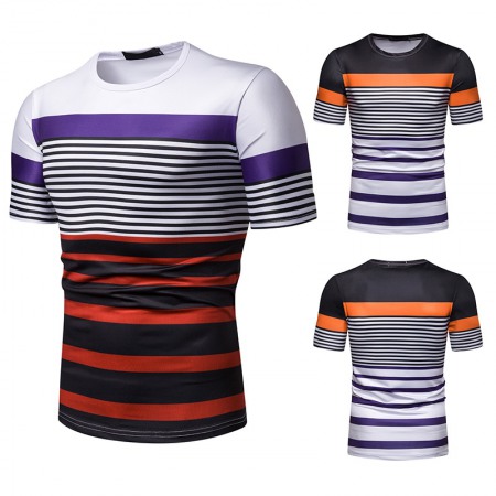 New Summer Men's Short-Sleeved T-Shirt Mens Contrast Striped Slim Casual T-Shirt