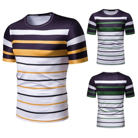 New Summer Men's Short-Sleeved T-Shirt Mens Contrast Striped Slim-Fit Casual T-Shirt