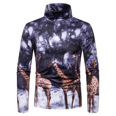 New Men's Plus Size 3D Giraffe Print High Neck Long Sleeve T-Shirt Bottoming Shirt